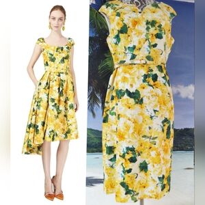 ◇$2,800 OSCAR DE LA RENTA YELLOW FLORAL RUNWAY MIDI DRESS US 14